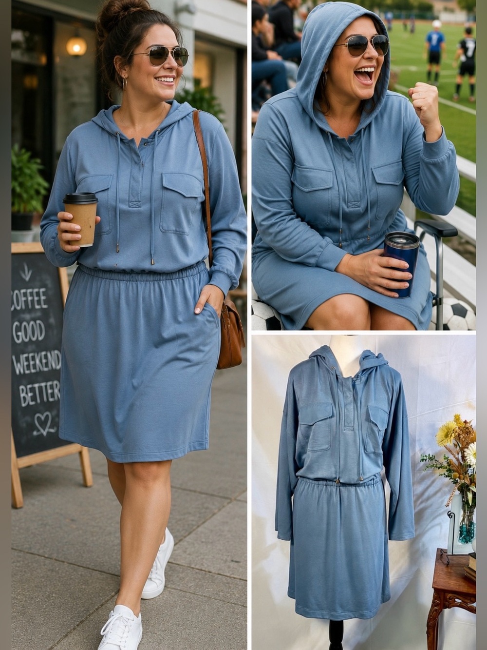 Soft Surroundings Reawaken Hooded Dress Blue Long Sleeve Pockets Casual Sz 3X💛